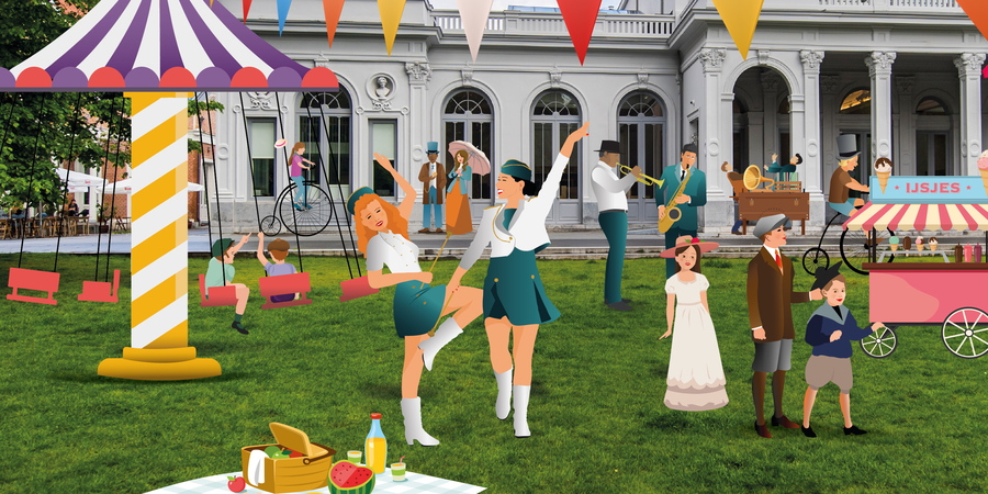 Illustratie van feestende en dansende figuren in park